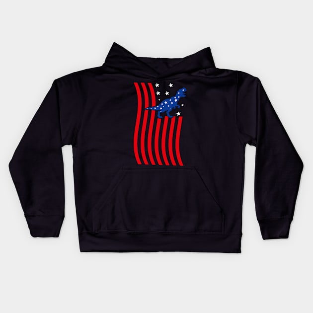 Patriotic Dinosaur Silhouette with American Flag, Creative depiction of a dinosaur silhouette filled with the American flag stars and stripes Kids Hoodie by All About Midnight Co